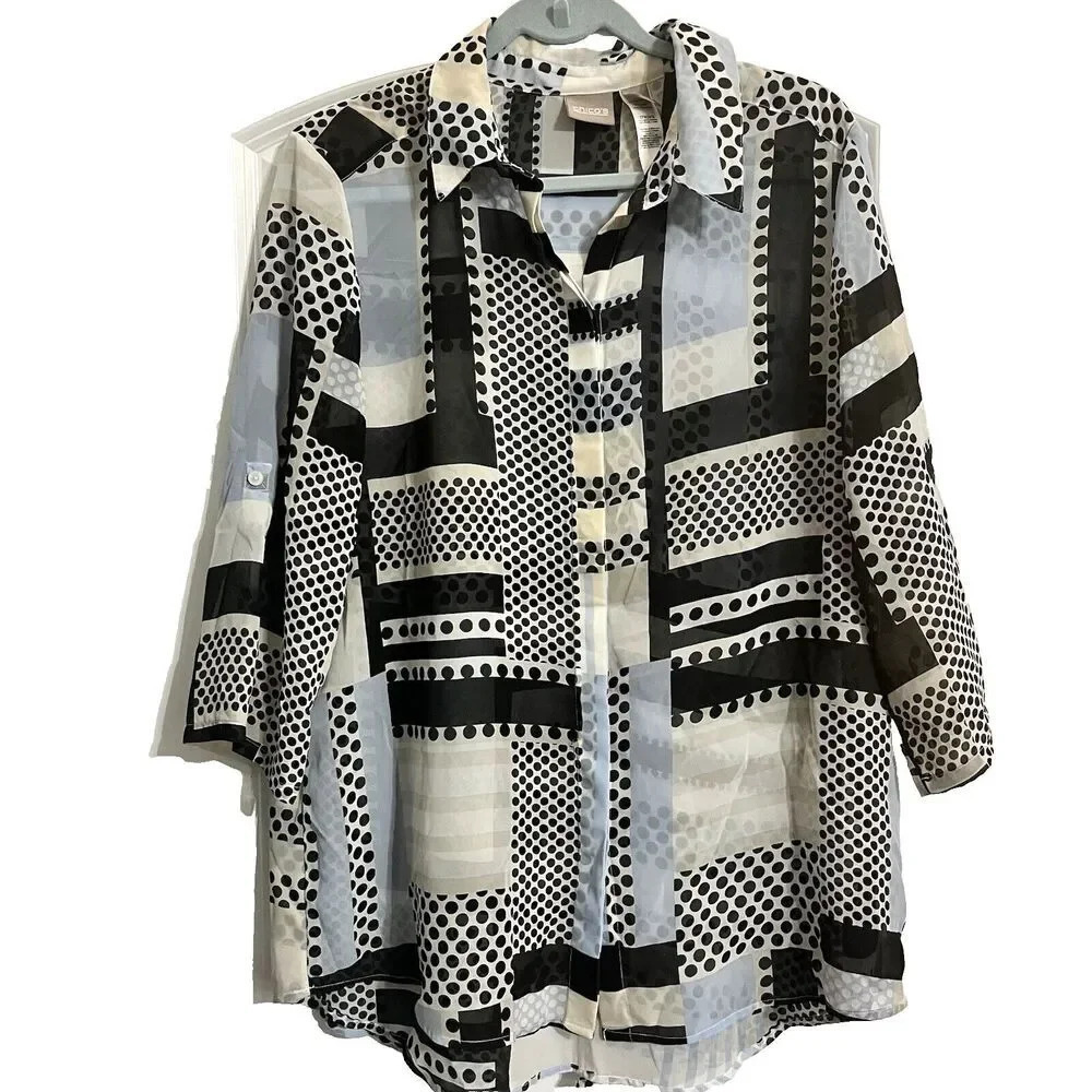 Chico's Womens Blue Black Patchwork Button Up Sheer XL 2 Collared Long Sleeve